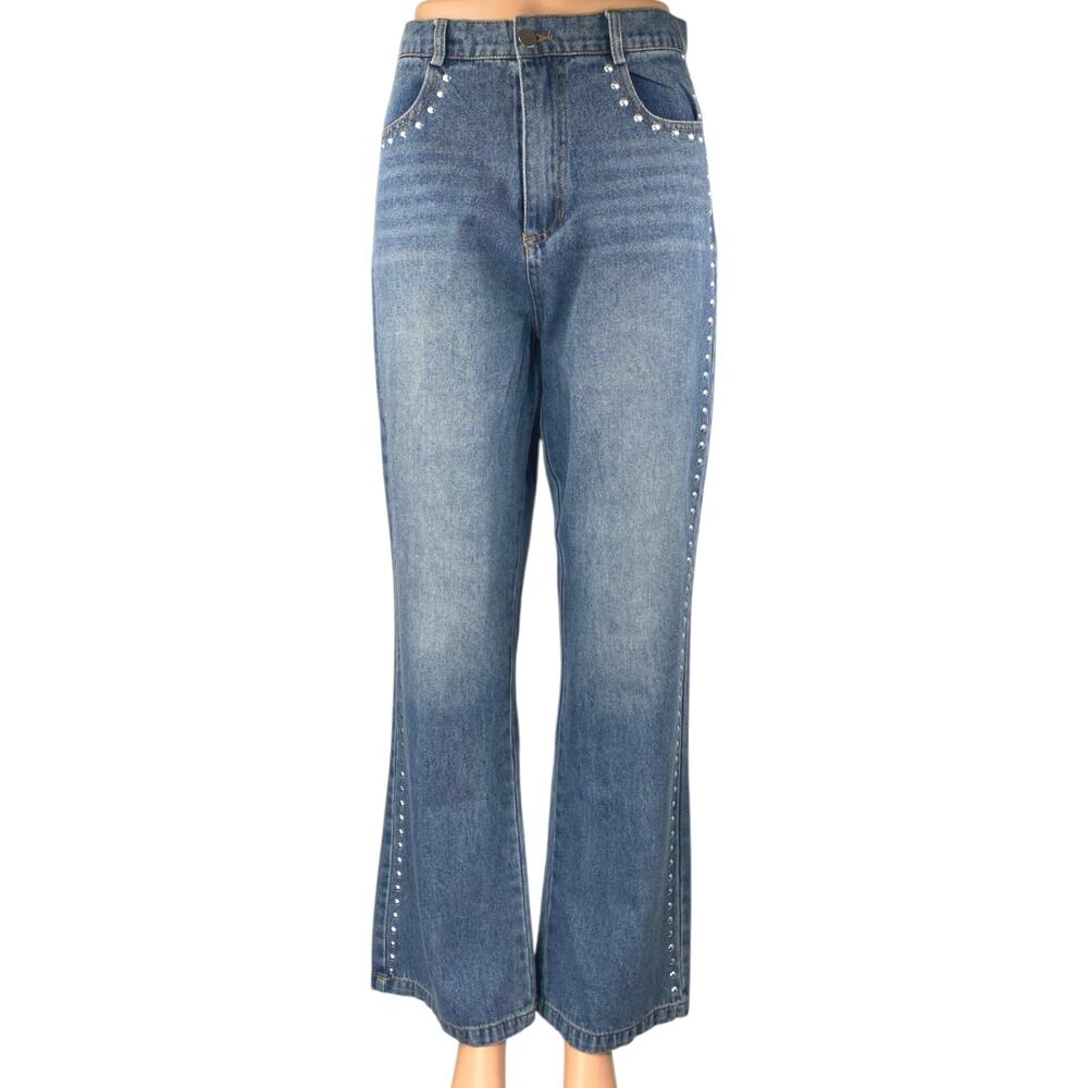 Women's Blue Studded Medium Wash High Waist Flared Bootcut Denim Jeans Pants 28